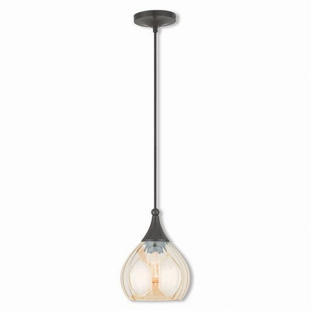 Livex Lighting-40615-92-Art Glass - 1 Light Mini Pendant in Art Glass Style - 7 Inches wide by 11 Inches high   English Bronze Finish with Champagne Glass