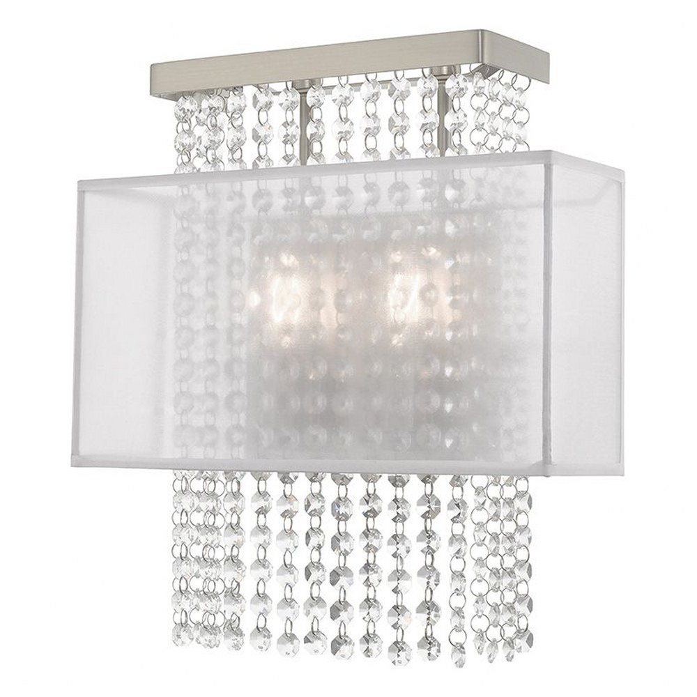 Livex Lighting-41120-91-Bella Vista - 2 Light ADA Wall Sconce in Bella Vista Style - 13 Inches wide by 14.5 Inches high   Brushed Nickel Finish with Translucent Fabric Shade with Clear Crystal