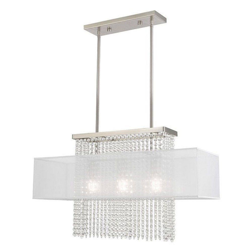 Livex Lighting-41123-91-Bella Vista - 3 Light Linear Chandelier in Bella Vista Style - 10 Inches wide by 26 Inches high   Brushed Nickel Finish with Translucent Fabric Shade with Clear Crystal