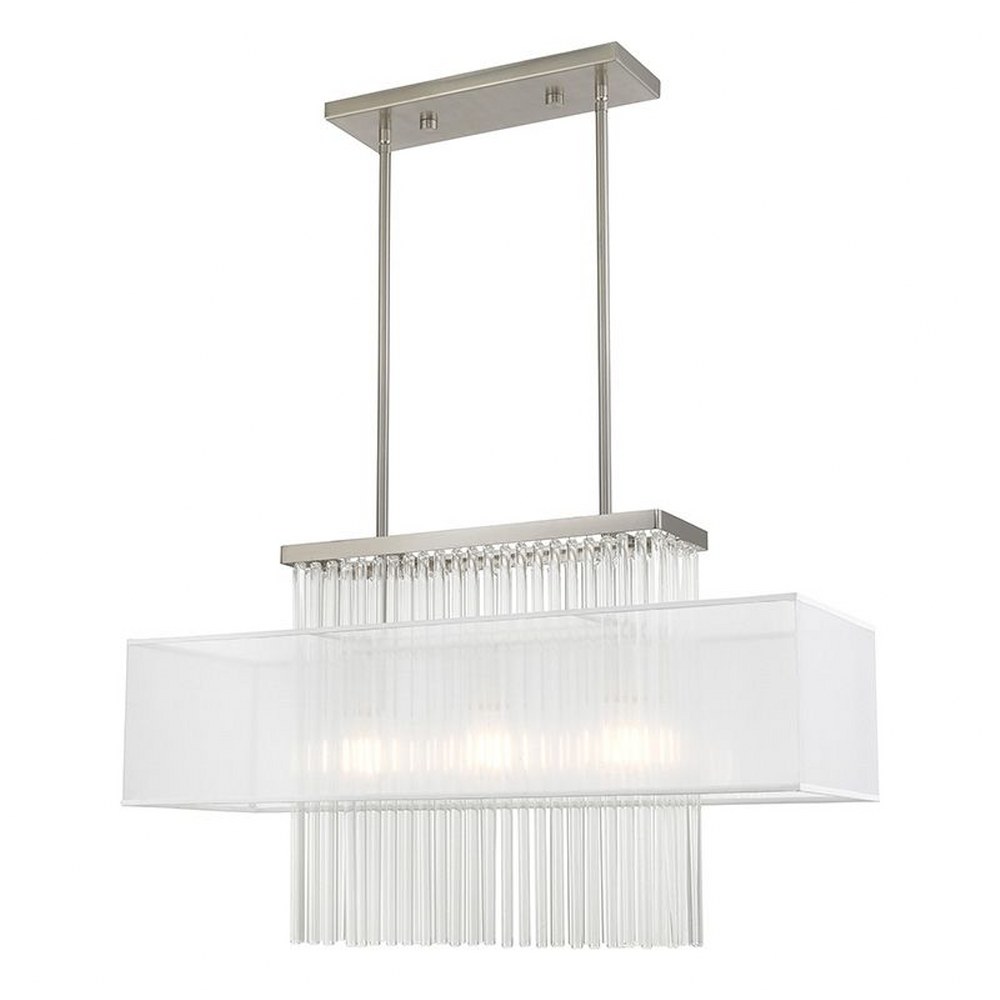 Livex Lighting-41143-91-Alexis - 3 Light Linear Chandelier in Alexis Style - 10 Inches wide by 26 Inches high   Brushed Nickel Finish with Translucent Fabric Shade with Clear Rods Crystal