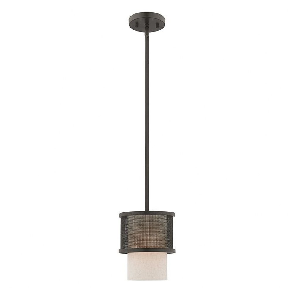 Livex Lighting-41201-07-Braddock - 1 Light Mini Pendant in Braddock Style - 7 Inches wide by 16.75 Inches high Bronze Finish with Bronze Stainless Steel Mesh/Oatmeal Fabric Shade