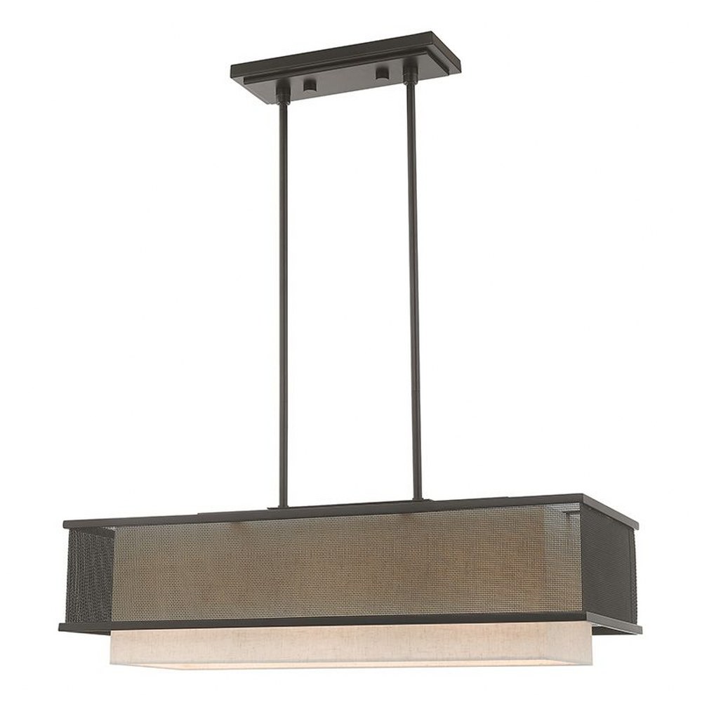 Livex Lighting-41204-07-Braddock - 3 Light Linear Chandelier in Braddock Style - 12 Inches wide by 17.25 Inches high   Bronze Finish with Bronze Stainless Steel Mesh/Oatmeal Fabric Shade