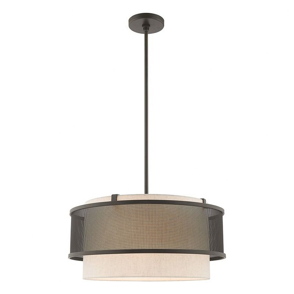 Livex Lighting-41205-07-Braddock - 4 Light Pendant in Braddock Style - 20 Inches wide by 18 Inches high Bronze Finish with Bronze Stainless Steel Mesh/Oatmeal Fabric Shade