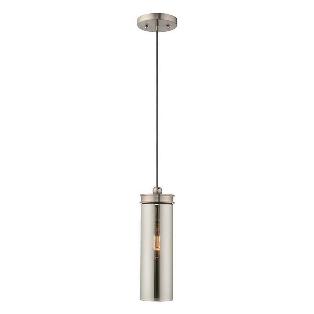 Livex Lighting-41241-91-Art Glass - 1 Light Mini Pendant in Art Glass Style - 5.13 Inches wide by 15 Inches high   Brushed Nickel Finish with Smoke Glass