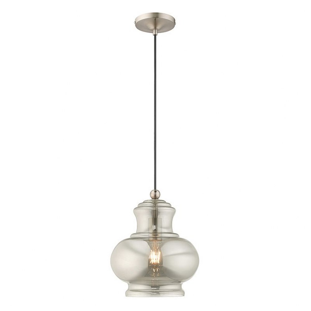 Livex Lighting-41243-91-Art Glass - 1 Light Mini Pendant in Art Glass Style - 9.88 Inches wide by 13.5 Inches high   Brushed Nickel Finish with Smoke Glass