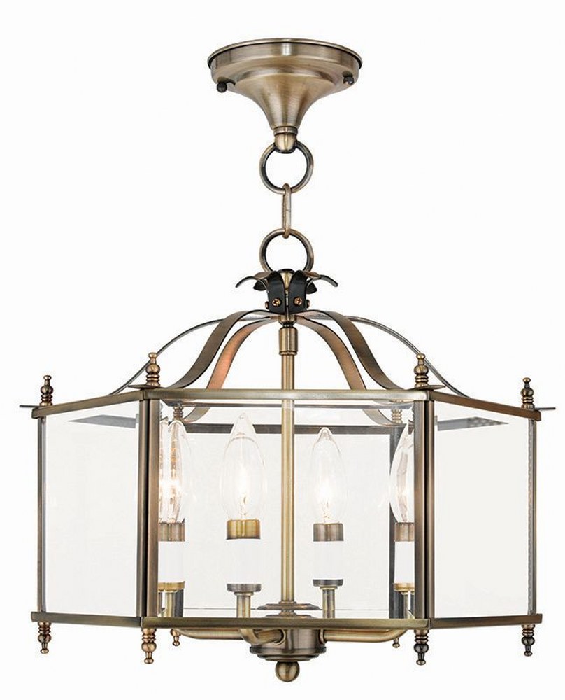 Livex Lighting-4398-01-Livingston - 4 Light Convertible Pendant In Classical Style-13 Inches Tall and 15.5 Inches Wide Antique Brass  Bronze Finish with Clear Beveled Glass