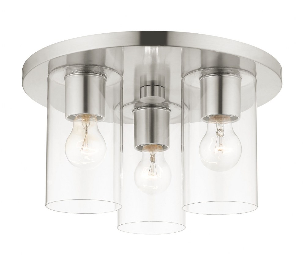 Livex Lighting-45472-91-Zurich - 3 Light Flush Mount in Zurich Style - 14 Inches wide by 8 Inches high   Brushed Nickel Finish with Clear Glass