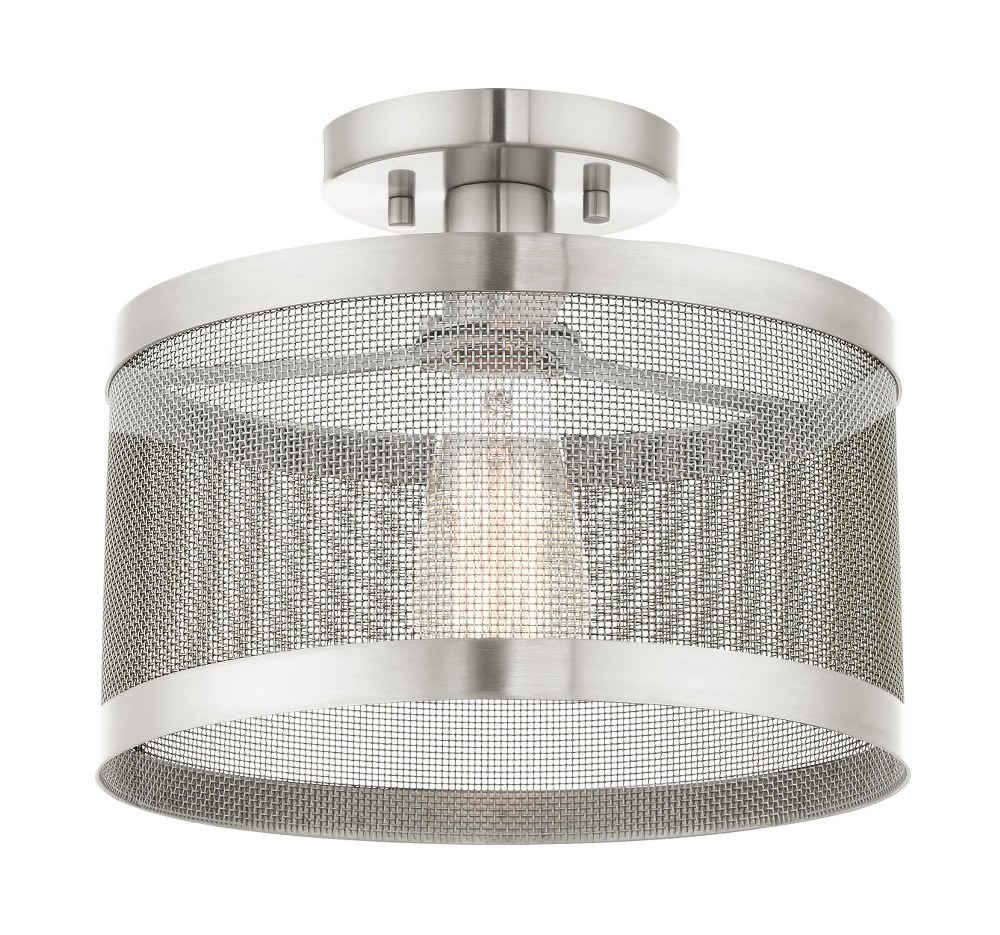Livex Lighting-46216-91-Industro - 1 Light Semi-Flush Mount in Industro Style - 11 Inches wide by 9 Inches high   Brushed Nickel Finish with Brushed Nickle Stainless Mesh Shade