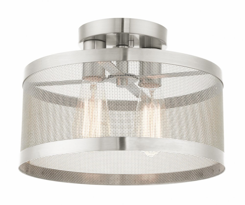 Livex Lighting-46217-91-Industro - 2 Light Semi-Flush Mount in Industro Style - 13 Inches wide by 9.25 Inches high   Brushed Nickel Finish with Brushed Nickle Stainless Mesh Shade