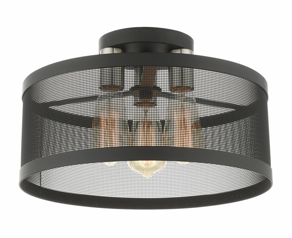 Livex Lighting-46218-04-Industro - 3 Light Semi-Flush Mount in Industro Style - 15 Inches wide by 9.25 Inches high   Black/Brushed Nickel Finish with Black Stainless Mesh Shade