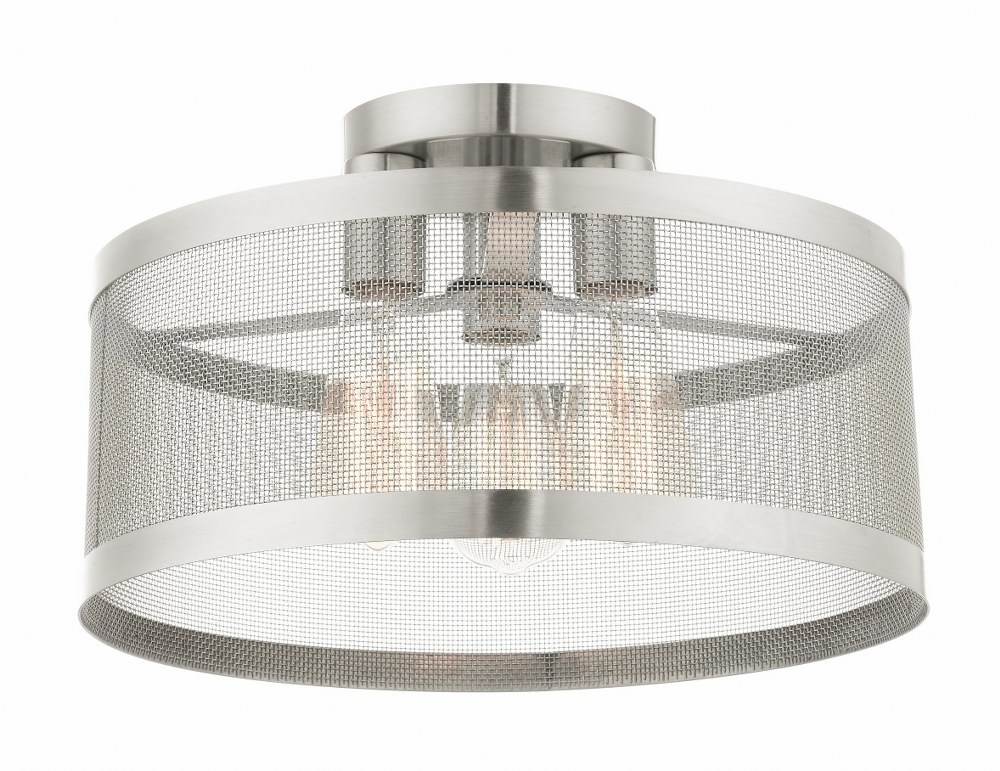 Livex Lighting-46218-91-Industro - 3 Light Semi-Flush Mount in Industro Style - 15 Inches wide by 9.25 Inches high   Brushed Nickel Finish with Brushed Nickle Stainless Mesh Shade