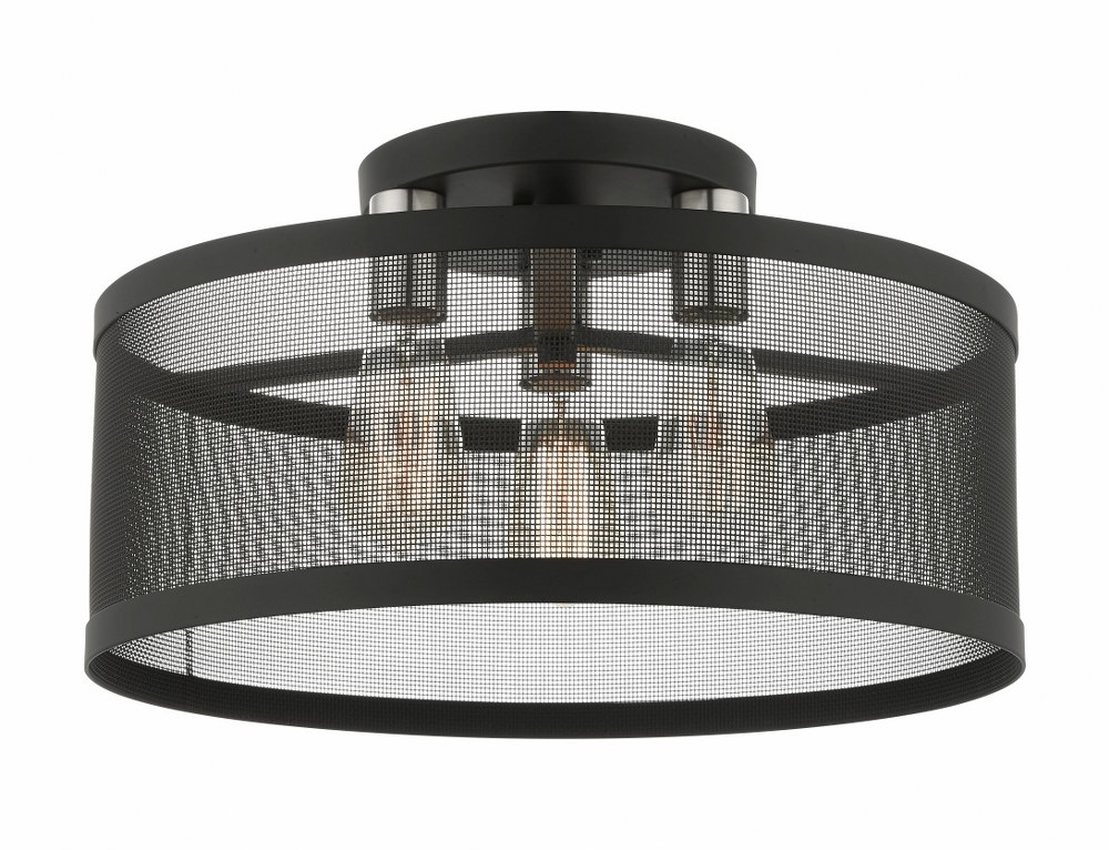 Livex Lighting-46219-04-Industro - 3 Light Semi-Flush Mount in Industro Style - 18 Inches wide by 10.25 Inches high   Black/Brushed Nickel Finish with Black Stainless Mesh Shade