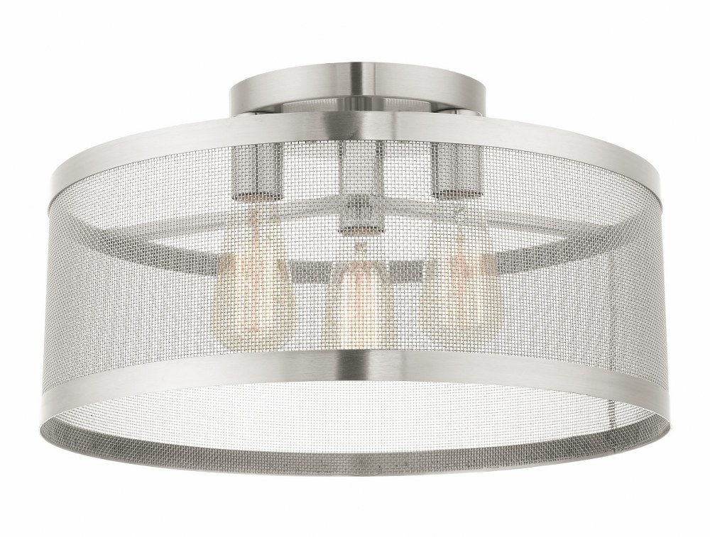 Livex Lighting-46219-91-Industro - 3 Light Semi-Flush Mount in Industro Style - 18 Inches wide by 10.25 Inches high Brushed Nickel Black/Brushed Nickel Finish with Black Stainless Mesh Shade