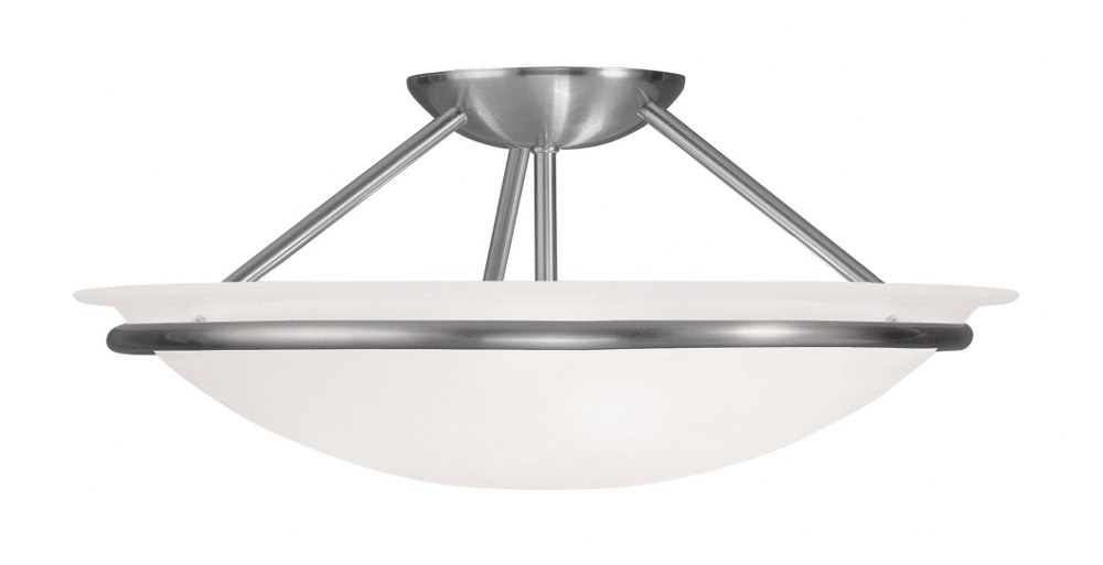 Livex Lighting-4824-91-Newburgh - 3 Light Semi-Flush Mount In Transitional Style-7 Inches Tall and 16 Inches Wide   Brushed Nickel Finish with White Alabaster Glass