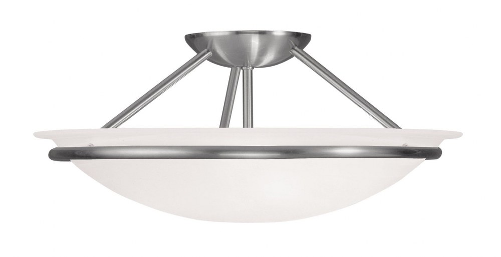 Livex Lighting-4824-91-Newburgh - 3 Light Semi-Flush Mount In Transitional Style-7 Inches Tall and 16 Inches Wide Brushed Nickel  Brushed Nickel Finish with White Alabaster Glass