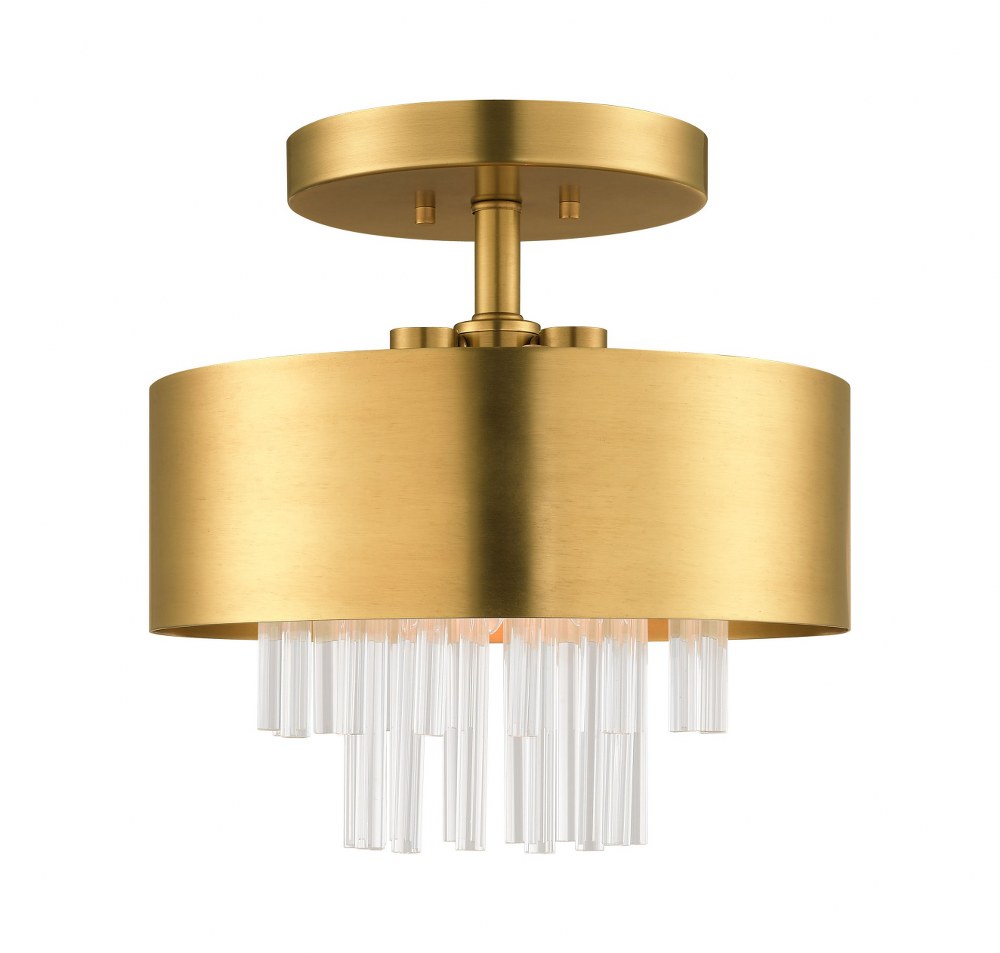 Livex Lighting-48872-08-Orenburg - 3 Light Semi-Flush Mount in Orenburg Style - 13 Inches wide by 11.75 Inches high   Natural Brass Finish with Natural Brass Drum Shade with Clear Rods Crystal