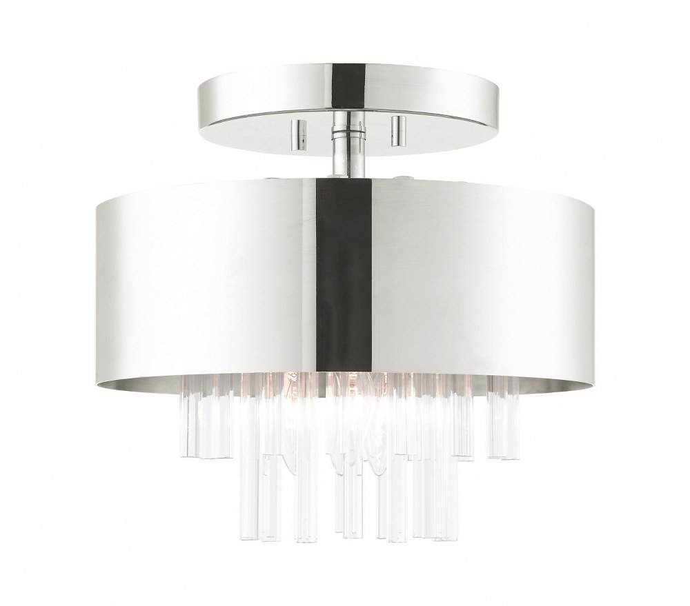 Livex Lighting-48872-35-Orenburg - 3 Light Semi-Flush Mount in Orenburg Style - 13 Inches wide by 11.75 Inches high   Polished Nickel Finish with Polished Nickel Drum Shade with Clear Rods Crystal