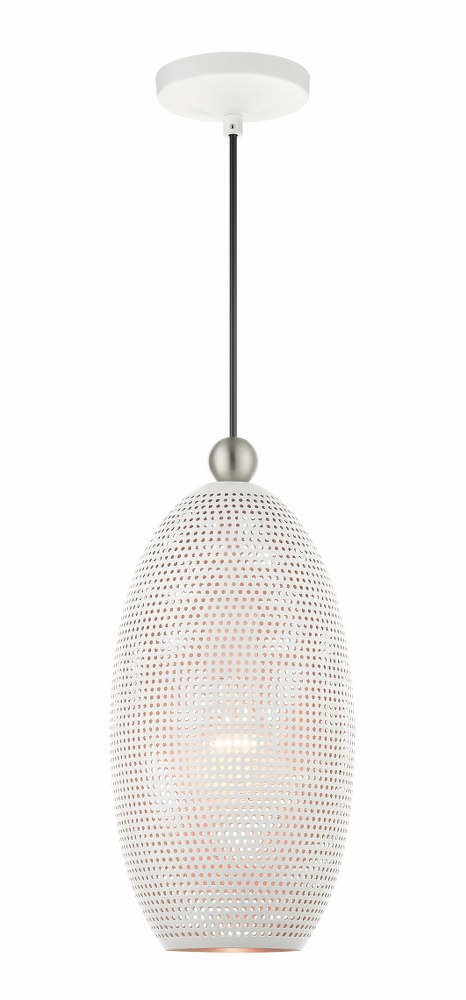 Livex Lighting-49101-03-Dublin - 1 Light Pendant in Dublin Style - 7.25 Inches wide by 18 Inches high   White/Brushed Nickel Finish with White Ornamental Metal/Gold Shade