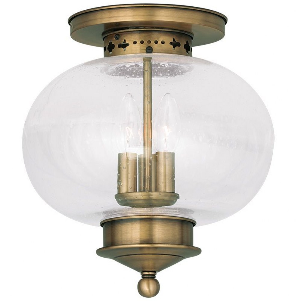 Livex Lighting-5037-01-Harbor - 3 Light Flush Mount in Harbor Style - 11 Inches wide by 11.5 Inches high Antique Brass  Brushed Nickel Finish with Seeded Glass