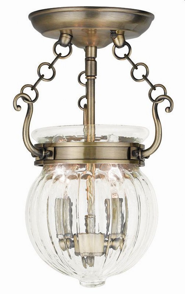 Livex Lighting-50502-01-Everett - 2 Light Semi-Flush Mount in Everett Style - 15 Inches wide by 12.5 Inches high Antique Brass  Brushed Nickel Finish with Clear Melon Glass