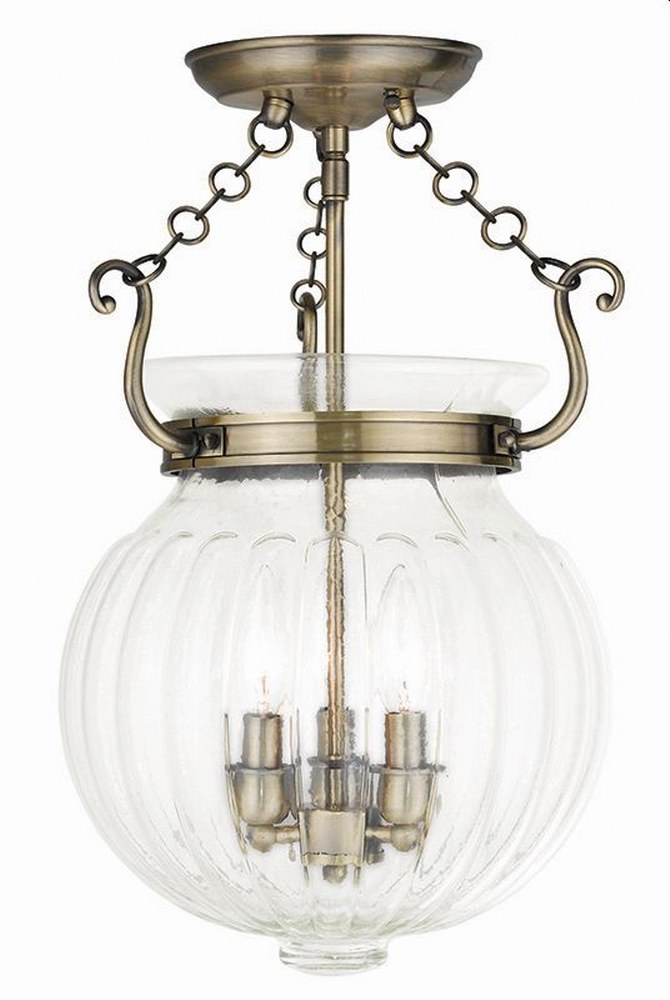 Livex Lighting-50504-01-Everett - 3 Light Semi-Flush Mount in Everett Style - 12 Inches wide by 18 Inches high Antique Brass  Brushed Nickel Finish with Clear Melon Glass