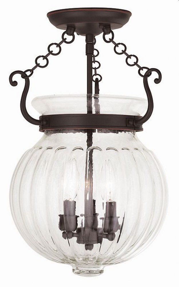 Livex Lighting-50504-67-Everett - 3 Light Semi-Flush Mount in Everett Style - 12 Inches wide by 18 Inches high Olde Bronze  Brushed Nickel Finish with Clear Melon Glass