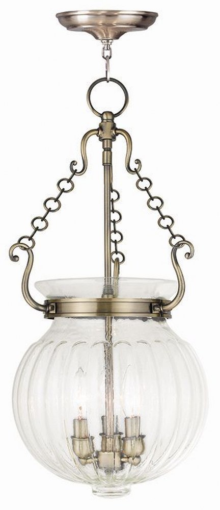 Livex Lighting-50505-01-Everett - 3 Light Pendant in Everett Style - 12 Inches wide by 23.75 Inches high Antique Brass  Brushed Nickel Finish with Clear Melon Glass