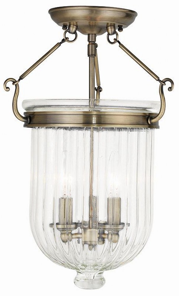 Livex Lighting-50516-01-Coventry - 3 Light Semi-Flush Mount in Coventry Style - 12 Inches wide by 17 Inches high Antique Brass  Brushed Nickel Finish with Clear Melon Glass