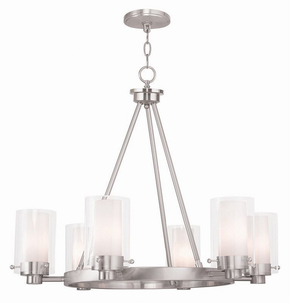 Livex Lighting-50676-91-Manhattan - 6 Light Chandelier in Manhattan Style - 25.75 Inches wide by 22 Inches high   Brushed Nickel Finish with Clear/Opal Glass