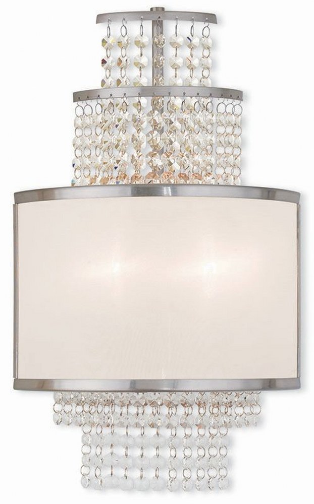 Livex Lighting-50782-91-Prescott - 2 Light Wall Sconce in Prescott Style - 11 Inches wide by 18.5 Inches high Brushed Nickel  Brushed Nickel Finish with Off-White Sheer Organza Shade with Clear Crysta