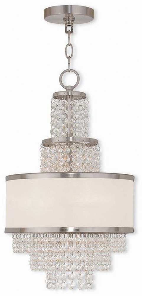 Livex Lighting-50783-91-Prescott - 3 Light Mini Chandelier in Prescott Style - 11.75 Inches wide by 20 Inches high Brushed Nickel  Brushed Nickel Finish with Off-White Sheer Organza Shade with Clear C