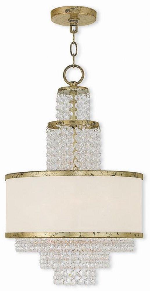 Livex Lighting-50784-28-Prescott - 3 Light Mini Chandelier in Prescott Style - 13.75 Inches wide by 22 Inches high Winter Gold  Brushed Nickel Finish with Off-White Sheer Organza Shade with Clear Crys