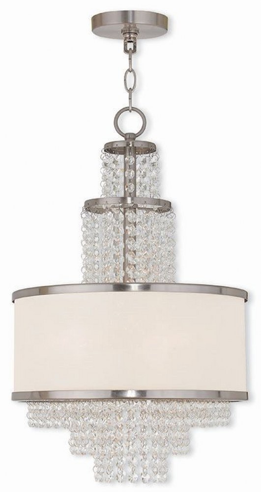 Livex Lighting-50784-91-Prescott - 3 Light Mini Chandelier in Prescott Style - 13.75 Inches wide by 22 Inches high Brushed Nickel  Brushed Nickel Finish with Off-White Sheer Organza Shade with Clear C