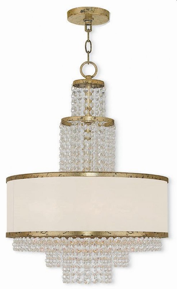 Livex Lighting-50785-28-Prescott - 5 Light Chandelier in Prescott Style - 17.75 Inches wide by 24 Inches high Winter Gold  Brushed Nickel Finish with Off-White Sheer Organza Shade with Clear Crystal