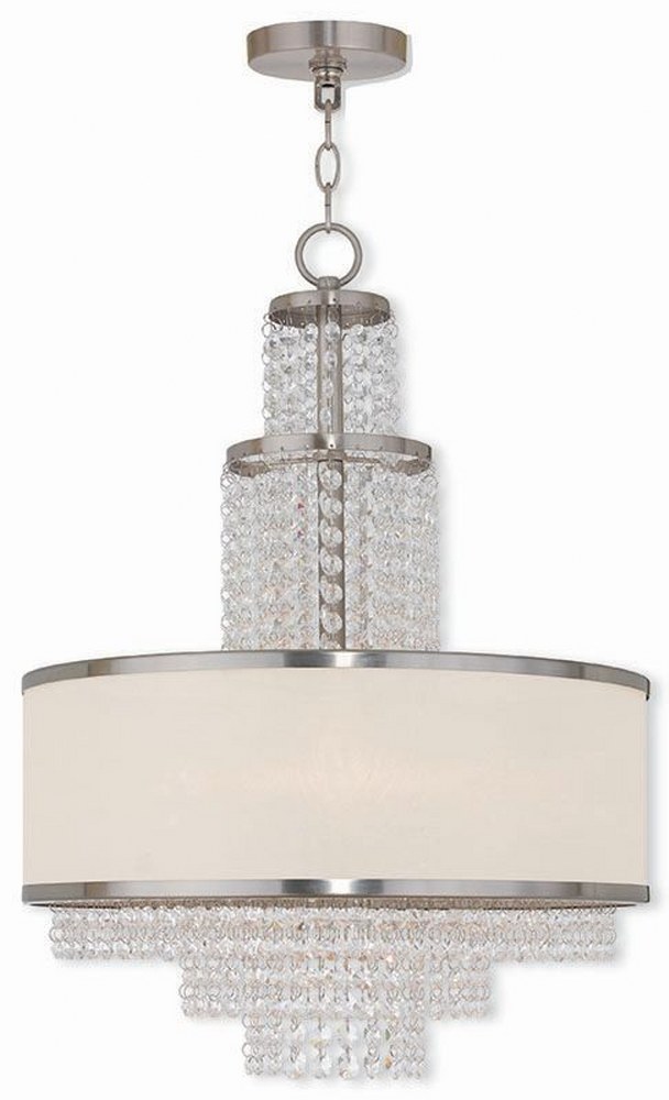 Livex Lighting-50785-91-Prescott - 5 Light Chandelier in Prescott Style - 17.75 Inches wide by 24 Inches high Brushed Nickel  Brushed Nickel Finish with Off-White Sheer Organza Shade with Clear Crysta