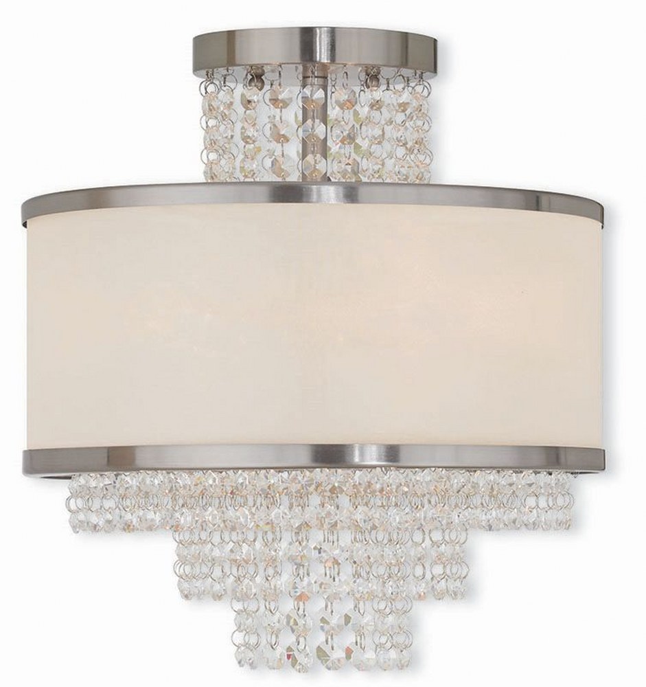 Livex Lighting-50794-91-Prescott - 3 Light Semi-Flush Mount in Prescott Style - 13.75 Inches wide by 14.38 Inches high Brushed Nickel  Brushed Nickel Finish with Off-White Sheer Organza Shade with Cle