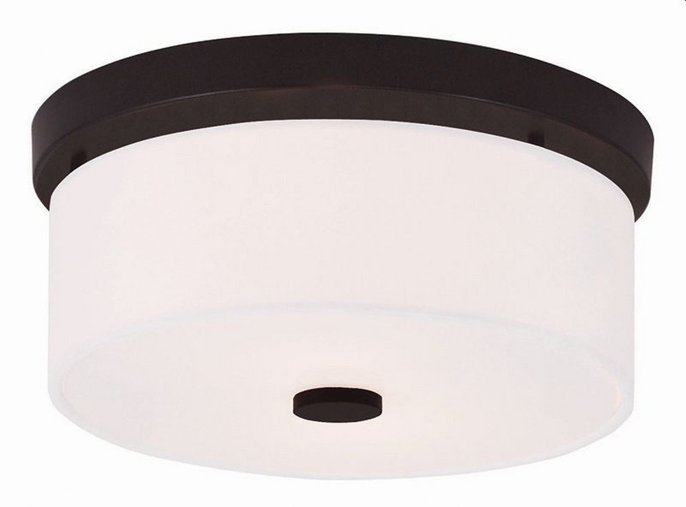 Livex Lighting-50862-07-Meridian - 2 Light Flush Mount in Meridian Style - 11 Inches wide by 5 Inches high Bronze  Brushed Nickel Finish with Off-White Fabric Shade