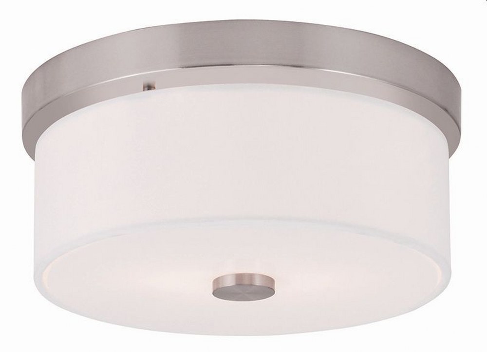 Livex Lighting-50862-91-Meridian - 2 Light Flush Mount in Meridian Style - 11 Inches wide by 5 Inches high Brushed Nickel  Brushed Nickel Finish with Off-White Fabric Shade