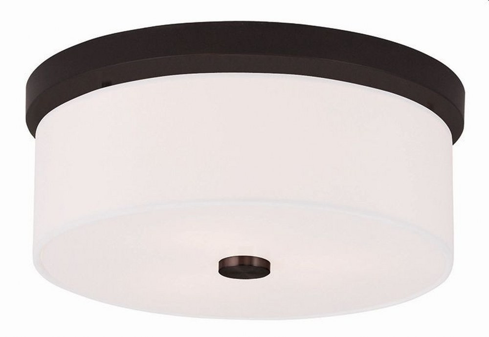 Livex Lighting-50863-07-Meridian - 2 Light Flush Mount in Meridian Style - 13.5 Inches wide by 5.5 Inches high Bronze  Brushed Nickel Finish with Off-White Fabric Shade