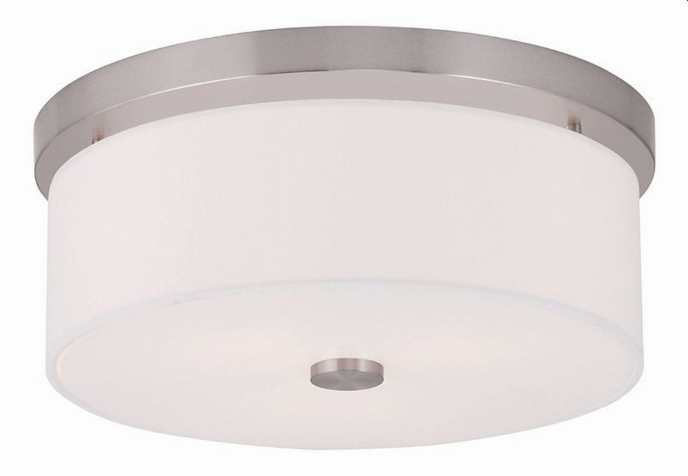 Livex Lighting-50863-91-Meridian - 2 Light Flush Mount in Meridian Style - 13.5 Inches wide by 5.5 Inches high Brushed Nickel  Brushed Nickel Finish with Off-White Fabric Shade