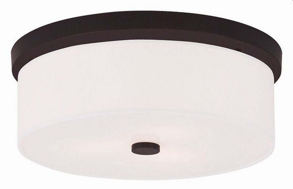 Livex Lighting-50864-07-Meridian - 3 Light Flush Mount in Meridian Style - 15 Inches wide by 5.5 Inches high Bronze  Brushed Nickel Finish with Off-White Fabric Shade