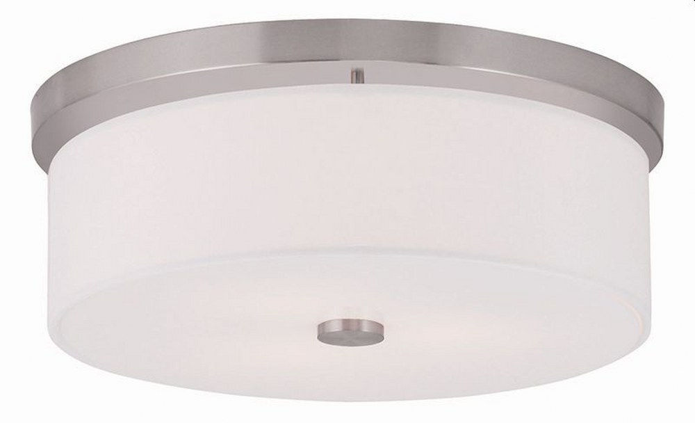 Livex Lighting-50864-91-Meridian - 3 Light Flush Mount in Meridian Style - 15 Inches wide by 5.5 Inches high Brushed Nickel  Brushed Nickel Finish with Off-White Fabric Shade