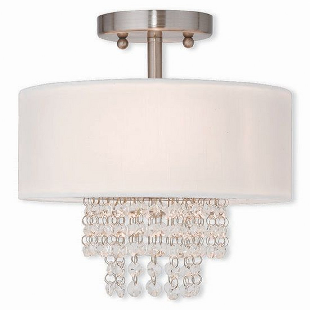 Livex Lighting-51025-91-Carlisle - 2 Light Semi-Flush Mount in Carlisle Style - 11 Inches wide by 11.25 Inches high   Brushed Nickel Finish with Off White Fabric Shade with Clear Crystal