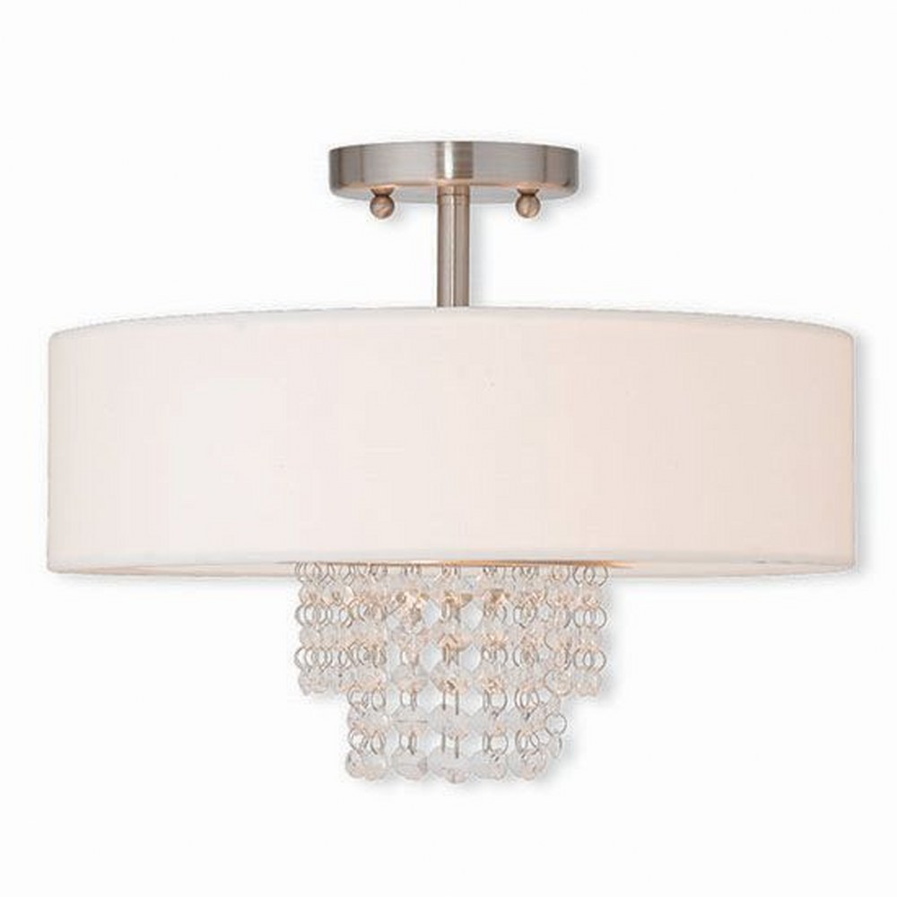 Livex Lighting-51027-91-Carlisle - 3 Light Semi-Flush Mount in Carlisle Style - 15 Inches wide by 11.25 Inches high   Brushed Nickel Finish with Off White Fabric Shade with Clear Crystal