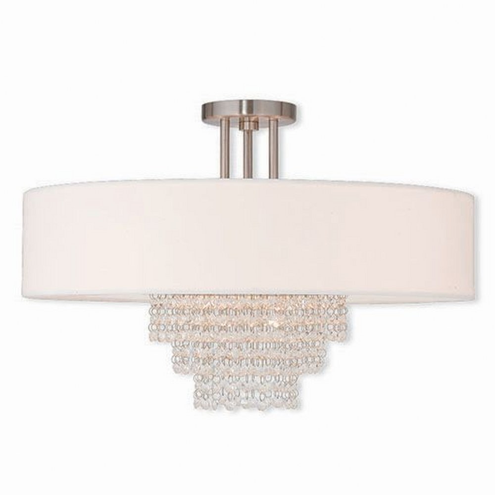 Livex Lighting-51029-91-Carlisle - 5 Light Semi-Flush Mount   Brushed Nickel Finish with Off White Fabric Shade with Clear Crystal