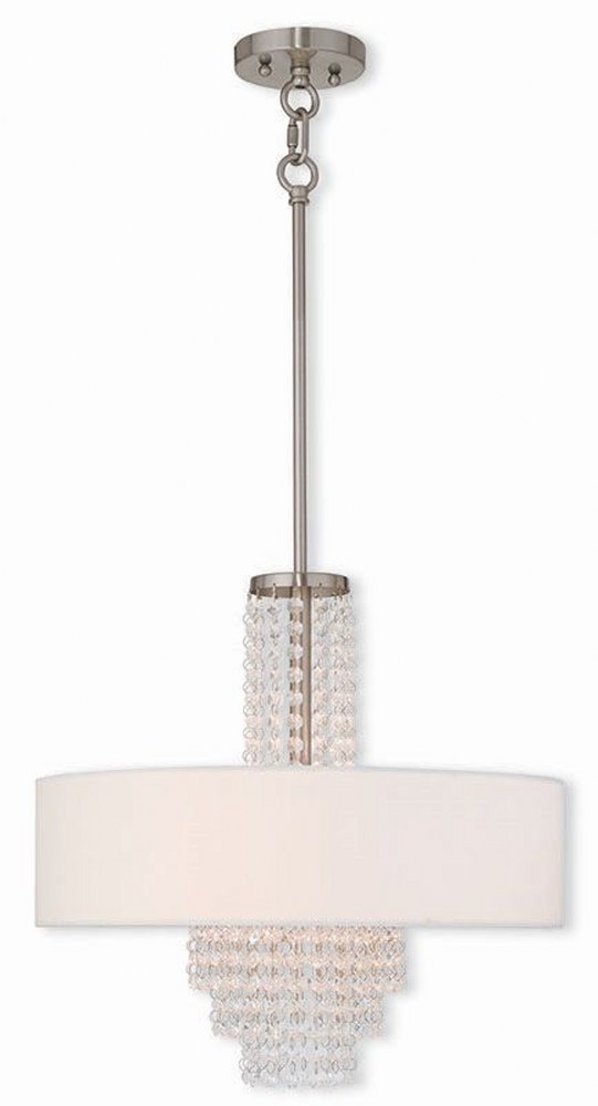 Livex Lighting-51033-91-Carlisle - 4 Light Chandelier in Carlisle Style - 18 Inches wide by 23 Inches high   Brushed Nickel Finish with Off White Fabric Shade with Clear Crystal