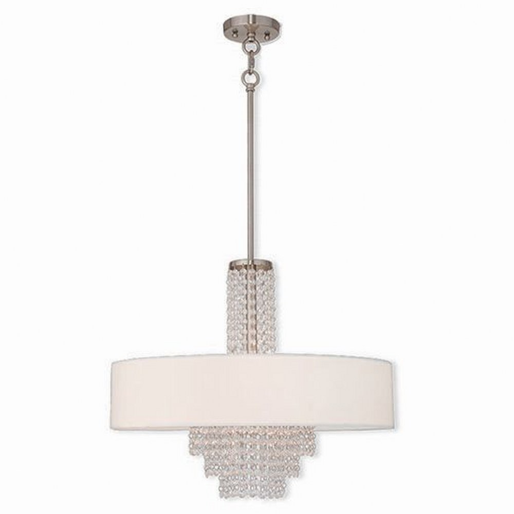 Livex Lighting-51034-91-Carlisle - 5 Light Chandelier   Brushed Nickel Finish with Off White Fabric Shade with Clear Crystal