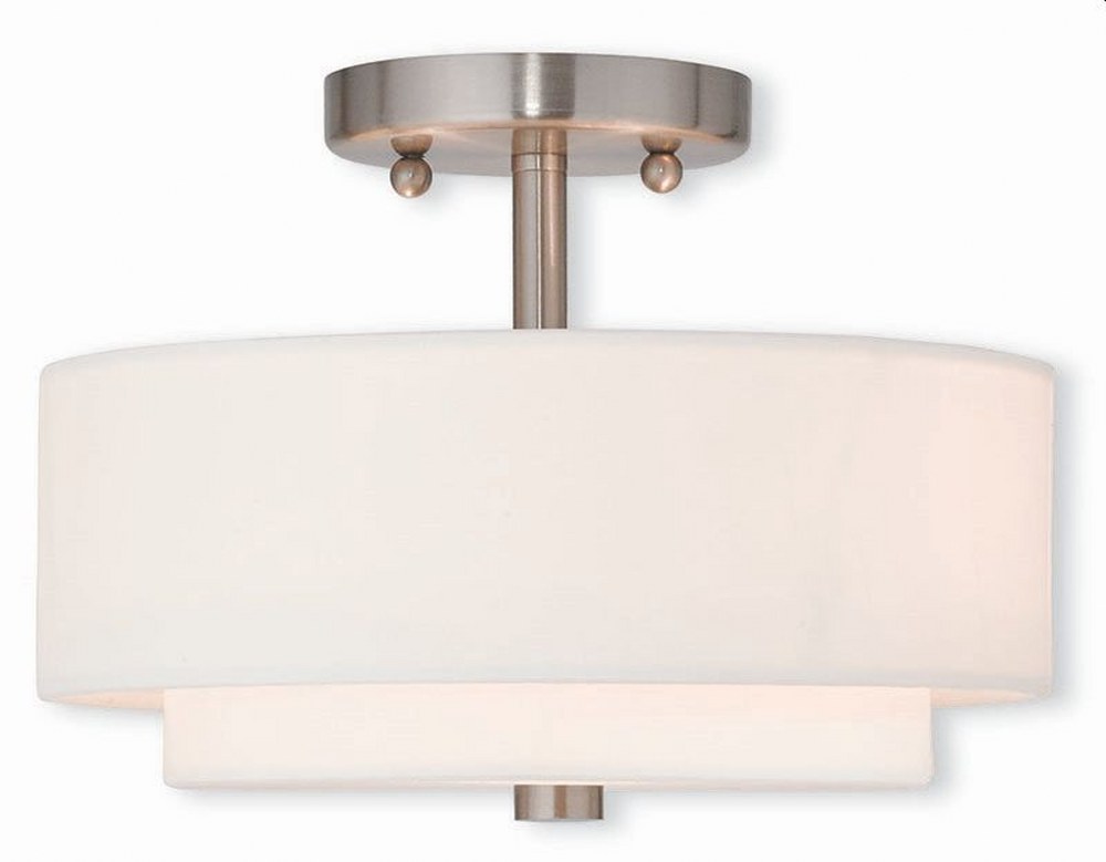 Livex Lighting-51042-91-Claremont - 2 Light Semi-Flush Mount in Claremont Style - 11 Inches wide by 8.13 Inches high   Brushed Nickel Finish with Off-White Fabric Shade