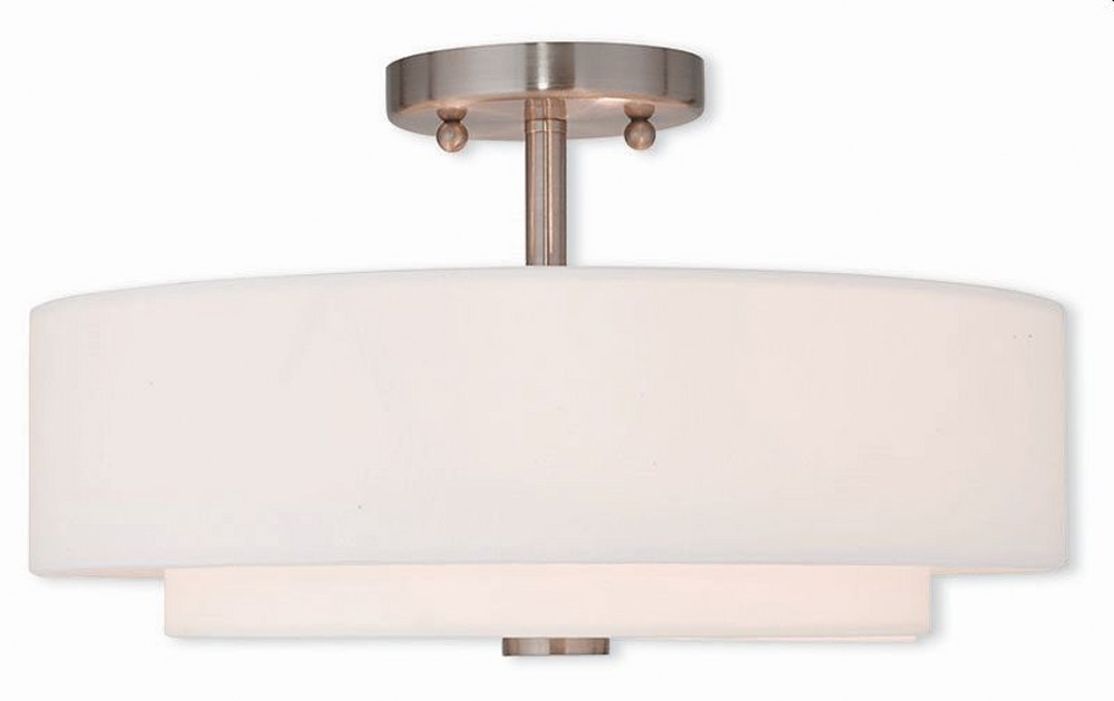 Livex Lighting-51044-91-Claremont - 3 Light Semi-Flush Mount in Claremont Style - 15 Inches wide by 8.5 Inches high   Brushed Nickel Finish with Off-White Acrylic Diffuser Shade