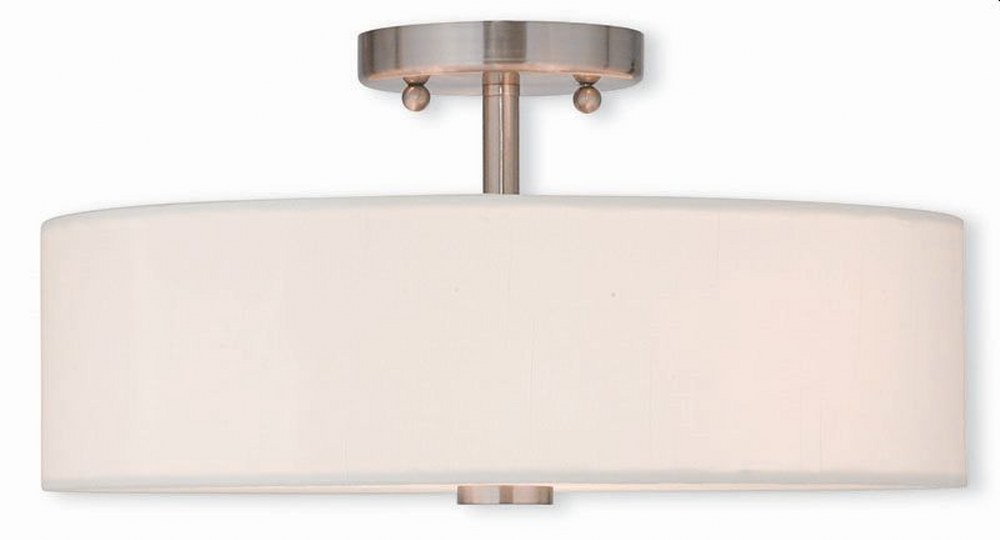 Livex Lighting-51054-91-Meridian - 3 Light Semi-Flush Mount in Meridian Style - 15 Inches wide by 8.13 Inches high   Brushed Nickel Finish with Off-White Fabric Shade